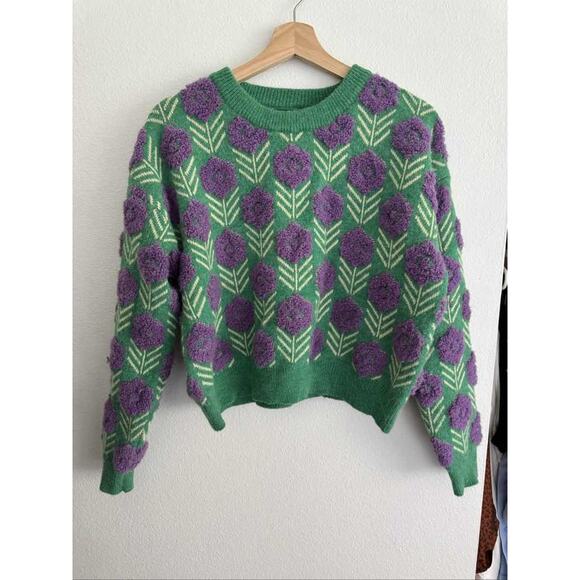 Unbranded Sweaters - Green Purple Floral Knit Pullover Cottagecore Women's Sweater S/M